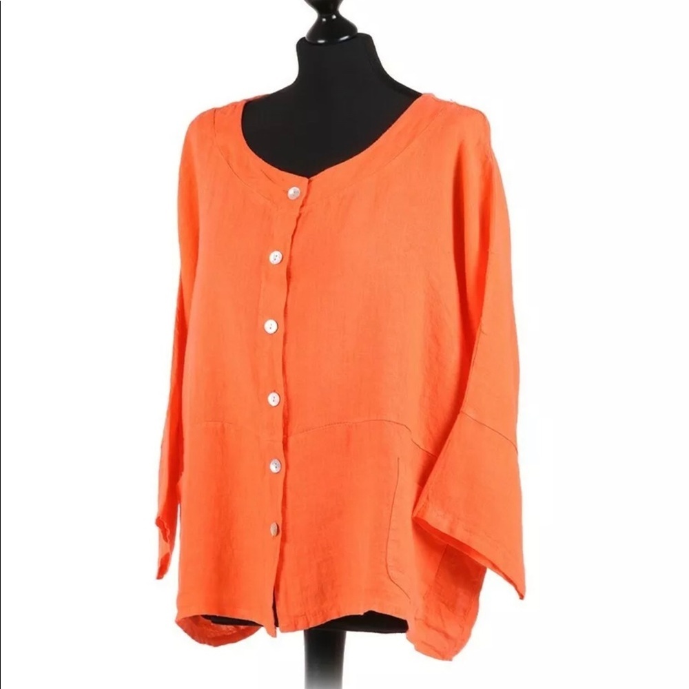 Top Jacket One Size fits 14-18 Front Button Linen Orange 3/4th Sleeve Pockets